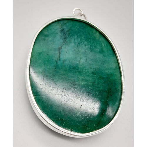 1370 - 925 Silver Necklace with Cabochon Emerald Pendant. Total Weight 40grams. 5cm x 4cm Pendant size.