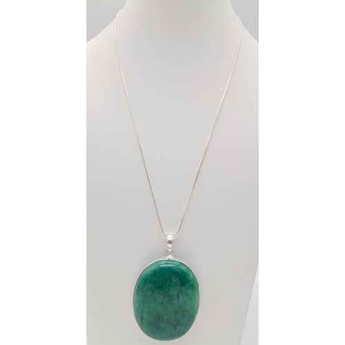 1370 - 925 Silver Necklace with Cabochon Emerald Pendant. Total Weight 40grams. 5cm x 4cm Pendant size.