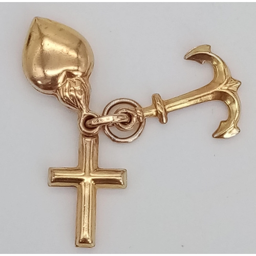 1068 - 9k yellow gold Faith, Love and Hope charm 1.8g