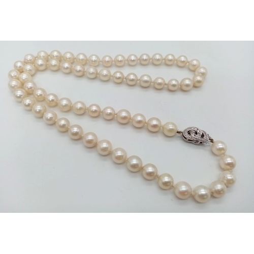 1269 - A 9K White Gold Clasp Cultured Pear Necklace. Pearls - 6/7mm. 48cm