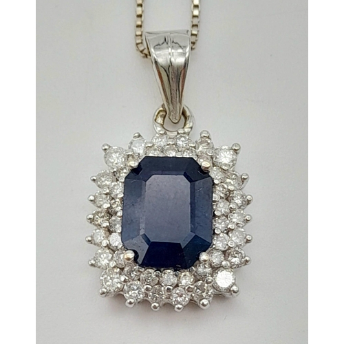 135 - An 18K White Gold, Sapphire and Diamond Pendant on an 18K White Gold Necklace. Rectangular 2ct sapph... 