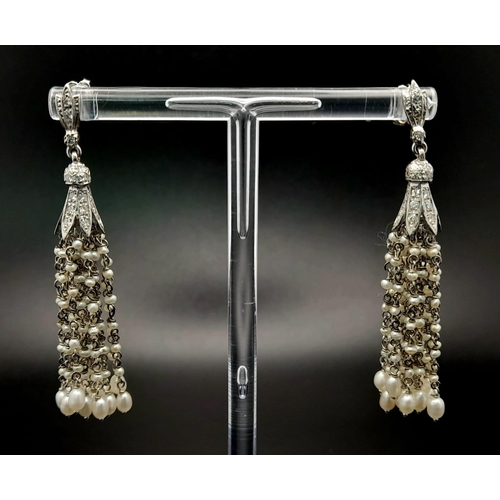 157 - A Pair of Unique Hand-Made 18K White gold, Diamond and Seed Pearl Drop Earrings. Art Deco flapperesq... 