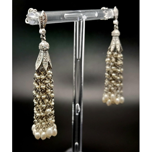 157 - A Pair of Unique Hand-Made 18K White gold, Diamond and Seed Pearl Drop Earrings. Art Deco flapperesq... 