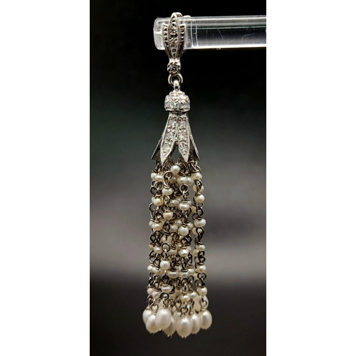 157 - A Pair of Unique Hand-Made 18K White gold, Diamond and Seed Pearl Drop Earrings. Art Deco flapperesq... 