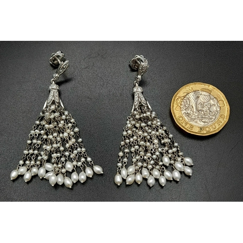 157 - A Pair of Unique Hand-Made 18K White gold, Diamond and Seed Pearl Drop Earrings. Art Deco flapperesq... 