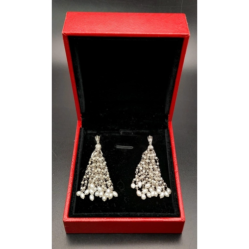 157 - A Pair of Unique Hand-Made 18K White gold, Diamond and Seed Pearl Drop Earrings. Art Deco flapperesq... 