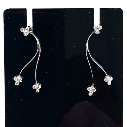 353 - 18k white gold branch drop earrings set with cubic zirconia, Total Weight 3.2g