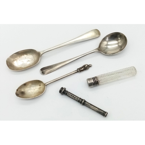 1366 - A Mixed Lot of Vintage Silver Items. Includes 3 x spoons, telescopic pencil, powder/liquid vial. 60g... 