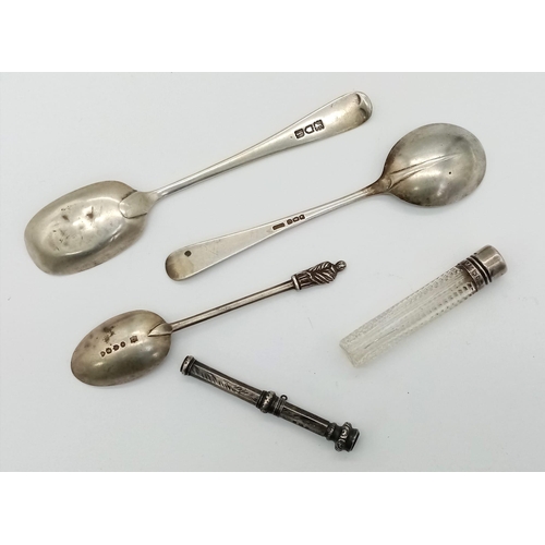 1366 - A Mixed Lot of Vintage Silver Items. Includes 3 x spoons, telescopic pencil, powder/liquid vial. 60g... 