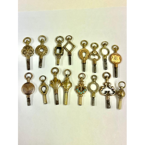 156 - Antique Pocket Watch keys x16 some gold . Serpent head / turquoise etc