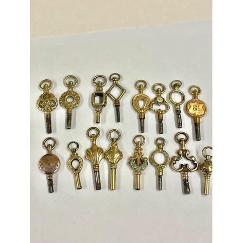 156 - Antique Pocket Watch keys x16 some gold . Serpent head / turquoise etc