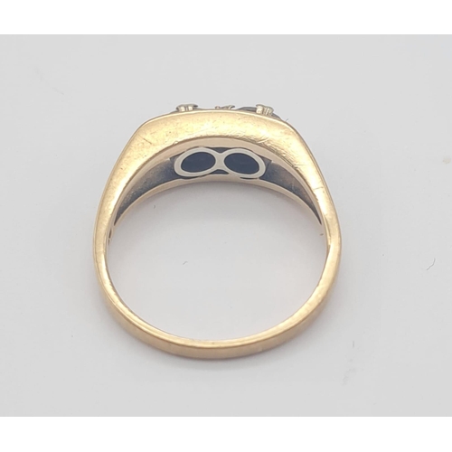 526 - A Vintage 9K Yellow Gold Two Stone Ring. White and grey stone. Size P. 3.6g total weight.