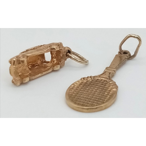 451 - 9k yellow gold London taxi (1.9g) & tennis racquet (1.6g) charms total weight 3.5g