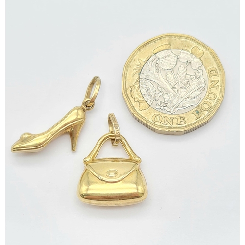 675 - 9k yellow gold stiletto shoe (0.8g) & handbag charm (1.5g) total weight 2.3g