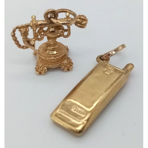 682 - 9k yellow gold old telephone (1.6g) & mobile phone (0.8g) charms total weight 2.4g