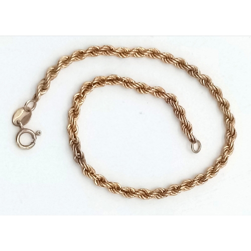 830 - 9k yellow gold rope bracelet, Total Weight 1.4g, 18cm length