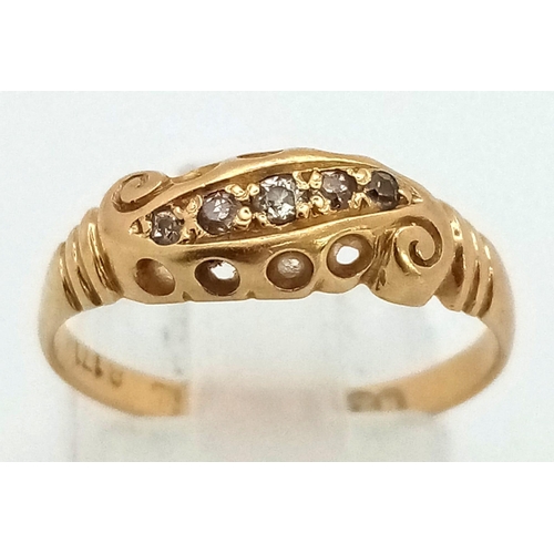 924 - AN ANTIQUE 18K YELLOW GOLD, DIAMOND, 5 STONE, OLD CUT RING. HALLMARKED BIRMINGHAM 1911. 2.4G TOTAL W... 