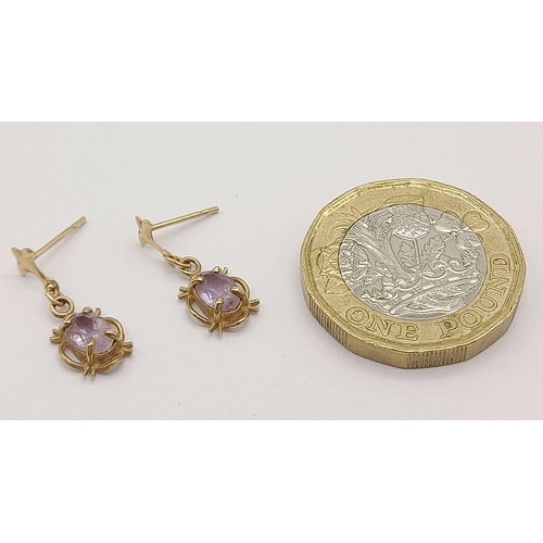 931 - 9K YELLOW GOLD AMETHYST SET DROP EARRINGS 0.8G