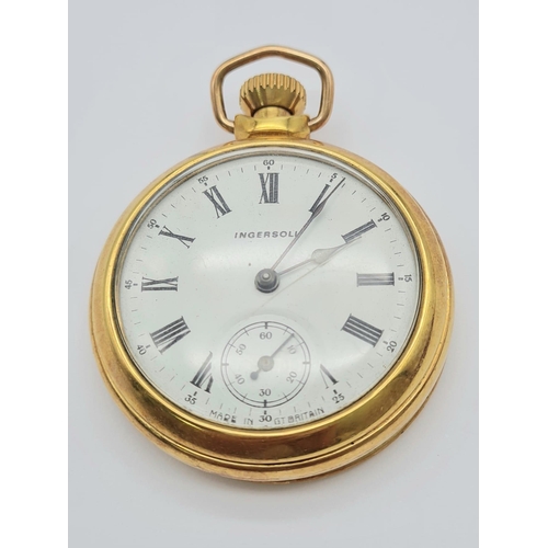 969 - A Vintage Ingersoll Gold Plated Pocket watch. Top winder. White dial with sub dial. In good conditio... 