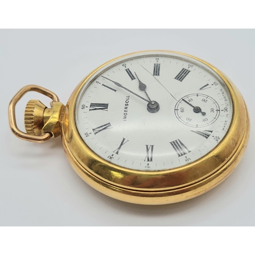 969 - A Vintage Ingersoll Gold Plated Pocket watch. Top winder. White dial with sub dial. In good conditio... 