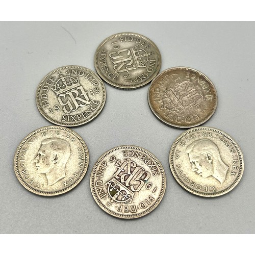 1077 - A Parcel of 6 Pre-1947 George VI Silver Six Penny’s Date range 1937-1946. One Extremely Fine with Ex... 