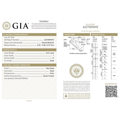 1025 - 0.61ct round diamond loose stone, colour I clarity I1 with GIA certificate no 6227509692