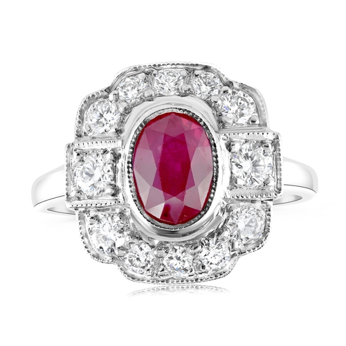 183 - 18k white gold Ruby and Diamond ring, 1.11ct oval ruby centre and 0.46ct diamonds surrounding, size ... 