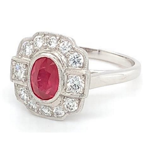 183 - 18k white gold Ruby and Diamond ring, 1.11ct oval ruby centre and 0.46ct diamonds surrounding, size ... 