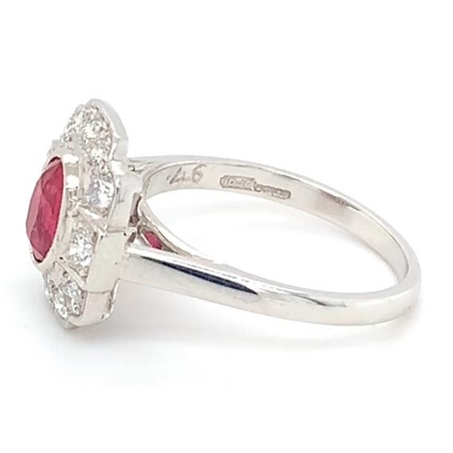 183 - 18k white gold Ruby and Diamond ring, 1.11ct oval ruby centre and 0.46ct diamonds surrounding, size ... 