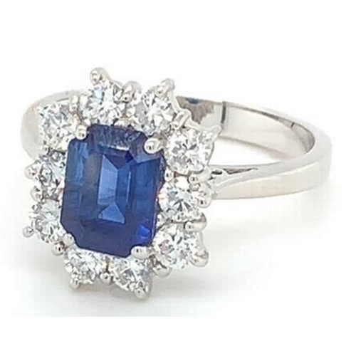 225 - 18k white gold Sapphire and Diamond ring, 1.58ct emerald cut Sapphire centre stone, and 0.80ct diamo... 