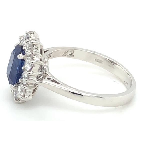 225 - 18k white gold Sapphire and Diamond ring, 1.58ct emerald cut Sapphire centre stone, and 0.80ct diamo... 