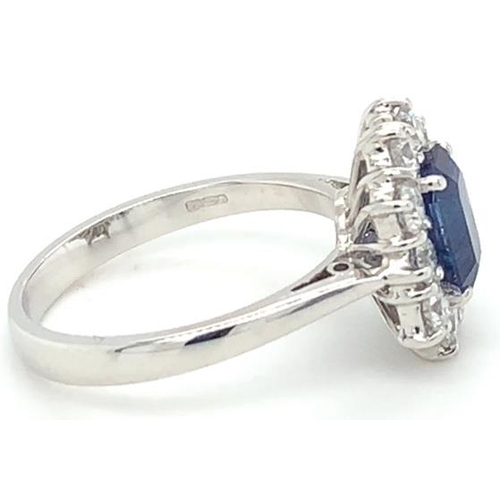 225 - 18k white gold Sapphire and Diamond ring, 1.58ct emerald cut Sapphire centre stone, and 0.80ct diamo... 