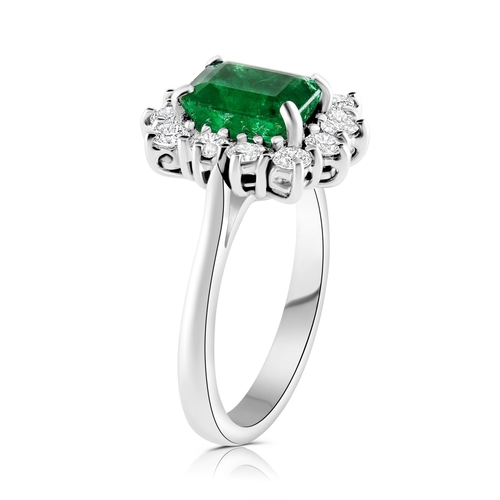 232 - 18k white gold Emerald and Diamond ring, 1.95ct green emerald centre stone, and 0.71ct diamonds surr... 