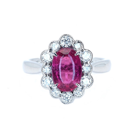 239 - Platinum Tourmaline and Diamond ring, 1.44ct oval pink tourmaline centre stone,  0.50ct diamonds sur... 