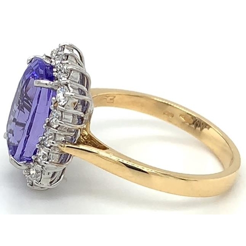 380 - 18k yellow gold Tanzanite and Diamond ring, 4.15ct cushion cut Tanzanite centre stone, and 0.63ct di... 