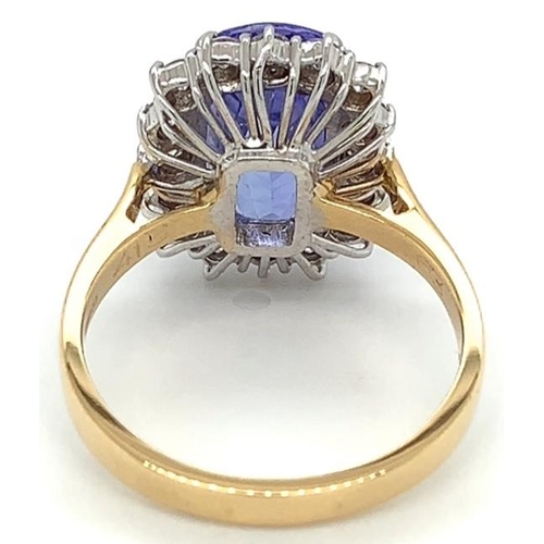 380 - 18k yellow gold Tanzanite and Diamond ring, 4.15ct cushion cut Tanzanite centre stone, and 0.63ct di... 