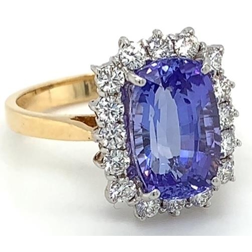 380 - 18k yellow gold Tanzanite and Diamond ring, 4.15ct cushion cut Tanzanite centre stone, and 0.63ct di... 