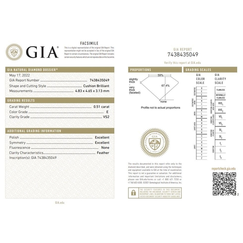 477 - 0.51ct cushion brilliant diamond loose stone, Colour E clarity VS2 with GIA certificate no  74384350... 