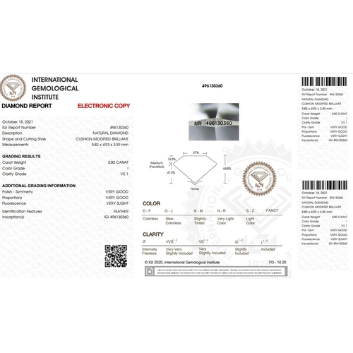 533 - 0.8ct cushion diamond loose stone, colour I clarity VS1 with GIA certificate no 496130360