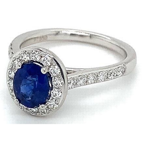 575 - Platinum Sapphire and Diamond halo ring, 1.12ct oval sapphire centre, 0.68ct diamonds halo, size M, ... 