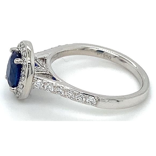 575 - Platinum Sapphire and Diamond halo ring, 1.12ct oval sapphire centre, 0.68ct diamonds halo, size M, ... 