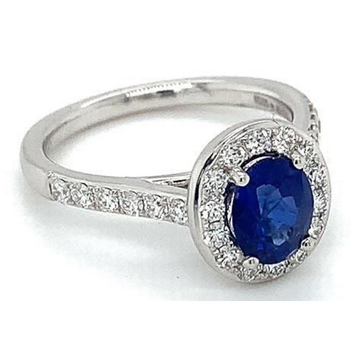 575 - Platinum Sapphire and Diamond halo ring, 1.12ct oval sapphire centre, 0.68ct diamonds halo, size M, ... 