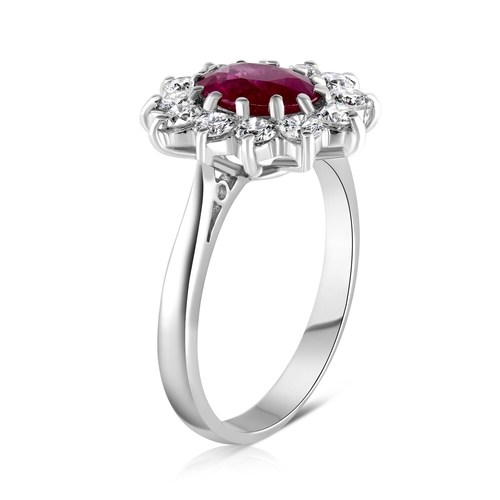 582 - 18k white gold Ruby and Diamond ring, 1.16ct oval ruby centre, and 0.51ct diamonds cluster, size M, ... 