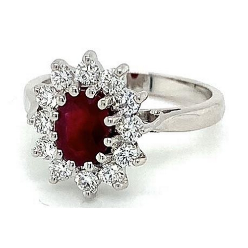 582 - 18k white gold Ruby and Diamond ring, 1.16ct oval ruby centre, and 0.51ct diamonds cluster, size M, ... 