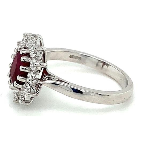 582 - 18k white gold Ruby and Diamond ring, 1.16ct oval ruby centre, and 0.51ct diamonds cluster, size M, ... 