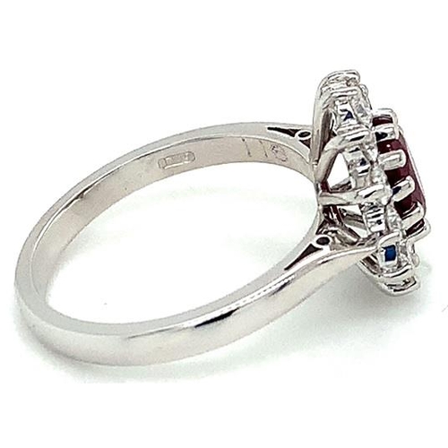 582 - 18k white gold Ruby and Diamond ring, 1.16ct oval ruby centre, and 0.51ct diamonds cluster, size M, ... 