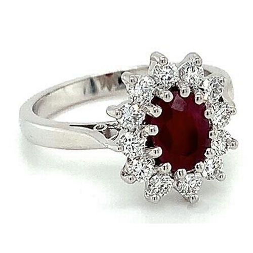 582 - 18k white gold Ruby and Diamond ring, 1.16ct oval ruby centre, and 0.51ct diamonds cluster, size M, ... 