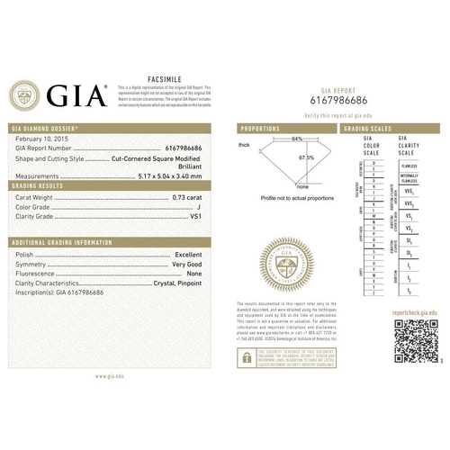 597 - 0.73ct radiant diamond loose stone, colour J clarity VS1 with GIA certificate no 6167986686