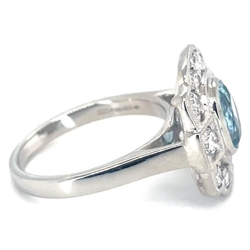 646 - Platinum Aquamarine and Diamond ring, 1.10ct oval aquamarine centre stone, 0.85ct diamonds surroundi... 