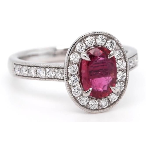 667 - Platinum Ruby and Diamond ring, 1.06ct oval ruby centre, 0.34ct diamonds cluster, size L1/2 brand ne... 